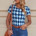 thumbnail image 6 of KLL Women 's Crew Neck Bodysuit Jumpsuits Blue Squares Print Short onesies Stretch T Shirts, 6 of 7