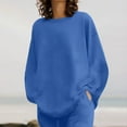 thumbnail image 4 of 2 Piece Plus Size Outfits for Women Fall Loose Cotton Linen Loungewear Set Long Sleeve Crew Neck Tops Wide Leg Pants Suit, Blue, XL, 4 of 7