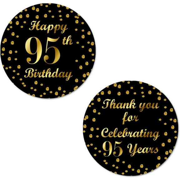 95th Birthday Round 2 Inch Big Glossy Stickers, Thank You for Celebrating 95 Years Black and Gold Labels, Great for Party Favors, Decorations, Tags, Gift Bags and Supplies