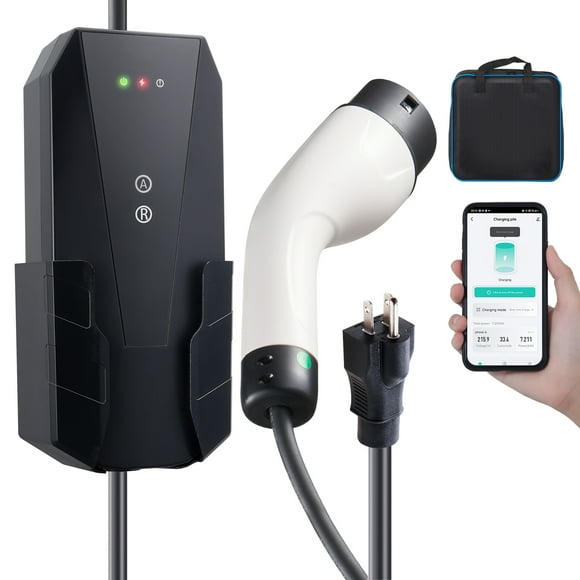 KFFKFF Portable EV Charger for Level 1 and 2, 16 Amp with 120V or 240V, Electric Vehicle Charging Unit with 28-Foot Cable and NEMA 6-20P Plug, Includes NEMA 5-15 Adapter, for SAE J1772 EVs