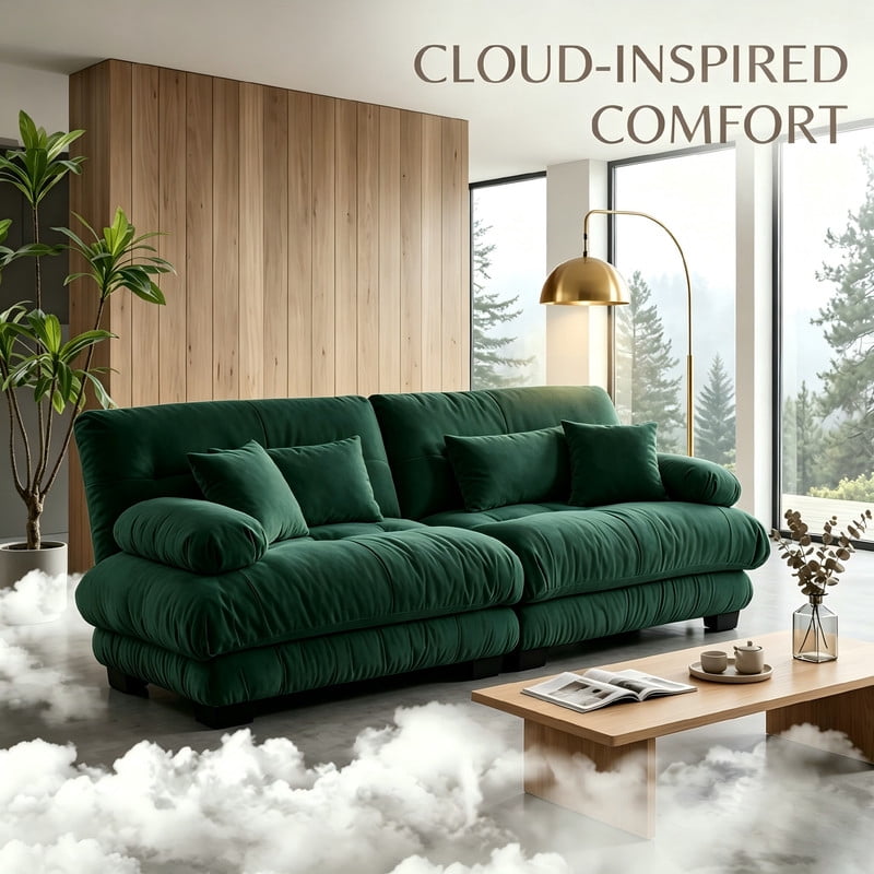 ANPPORT Cloud Couch Sleeper Sofa, Chenille Green 2-Seater Modular Sofa, 2 Lumbar pillows, 2 Pillows, Comfy Deep Seat Cloud Sofa, Convertible L-Shaped Floor Couch for Living Room