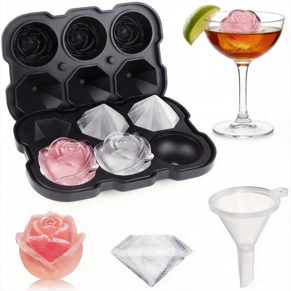 Large Silicone Ice Cube Tray 2-Piece Set 3-Cavity Rose and 3-Cavity Diamond Ice Ball Maker with Lids Flexible Reusable Whiskeys Cocktails Mold Black