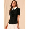 thumbnail image 3 of DARING DIVA Women's Contrast Collar Ruffle Front Button Short Sleeve Shirt L Black, 3 of 6