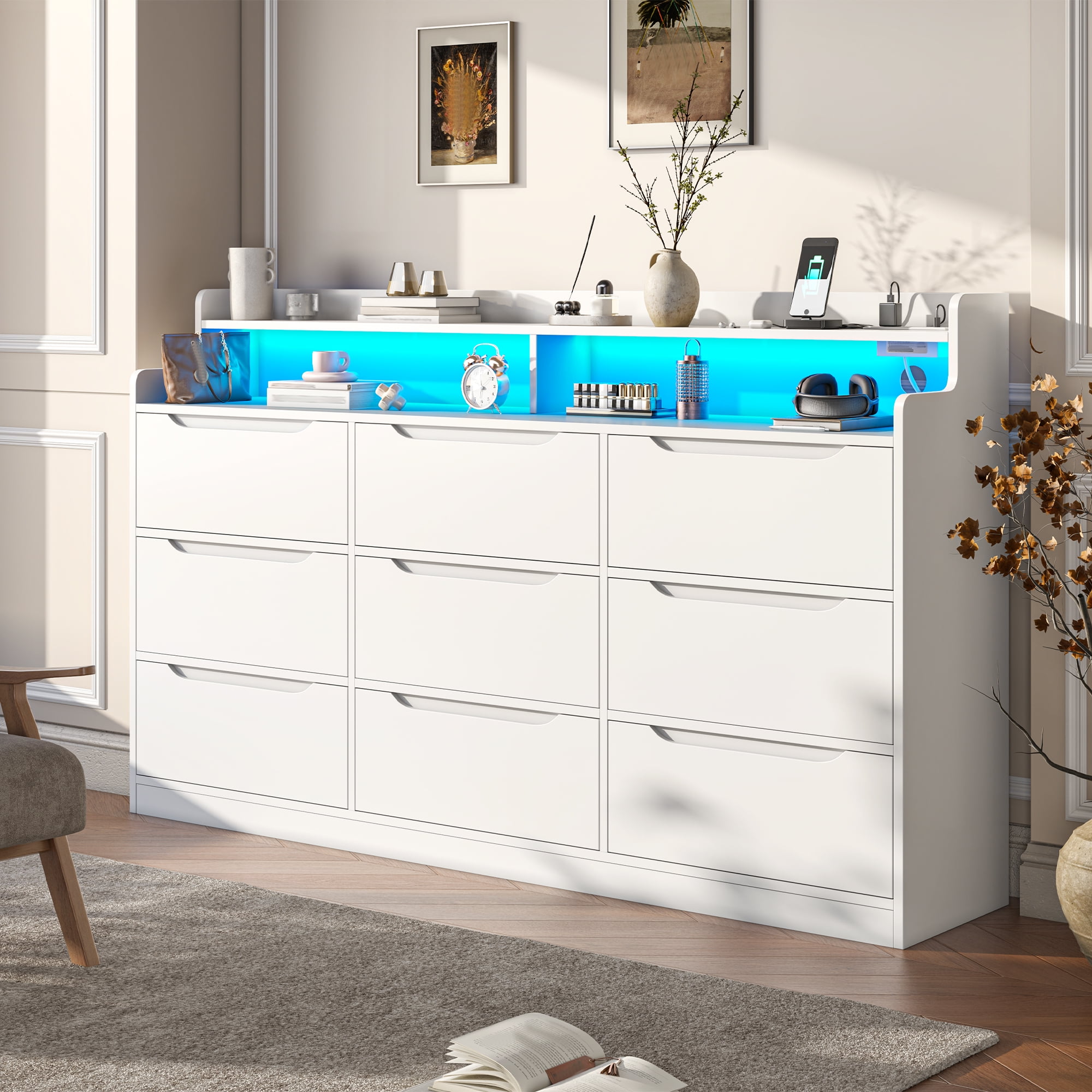 EnHomee 9 Drawer Dressers for Bedroom with LED Light,Wood Chests of Drawers with Charging Station, White