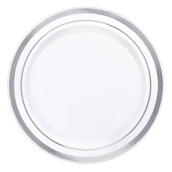 Amscan Trimmed Premium Plastic Plates, 6-1/4", White/Silver, Pack Of 40 Plates
