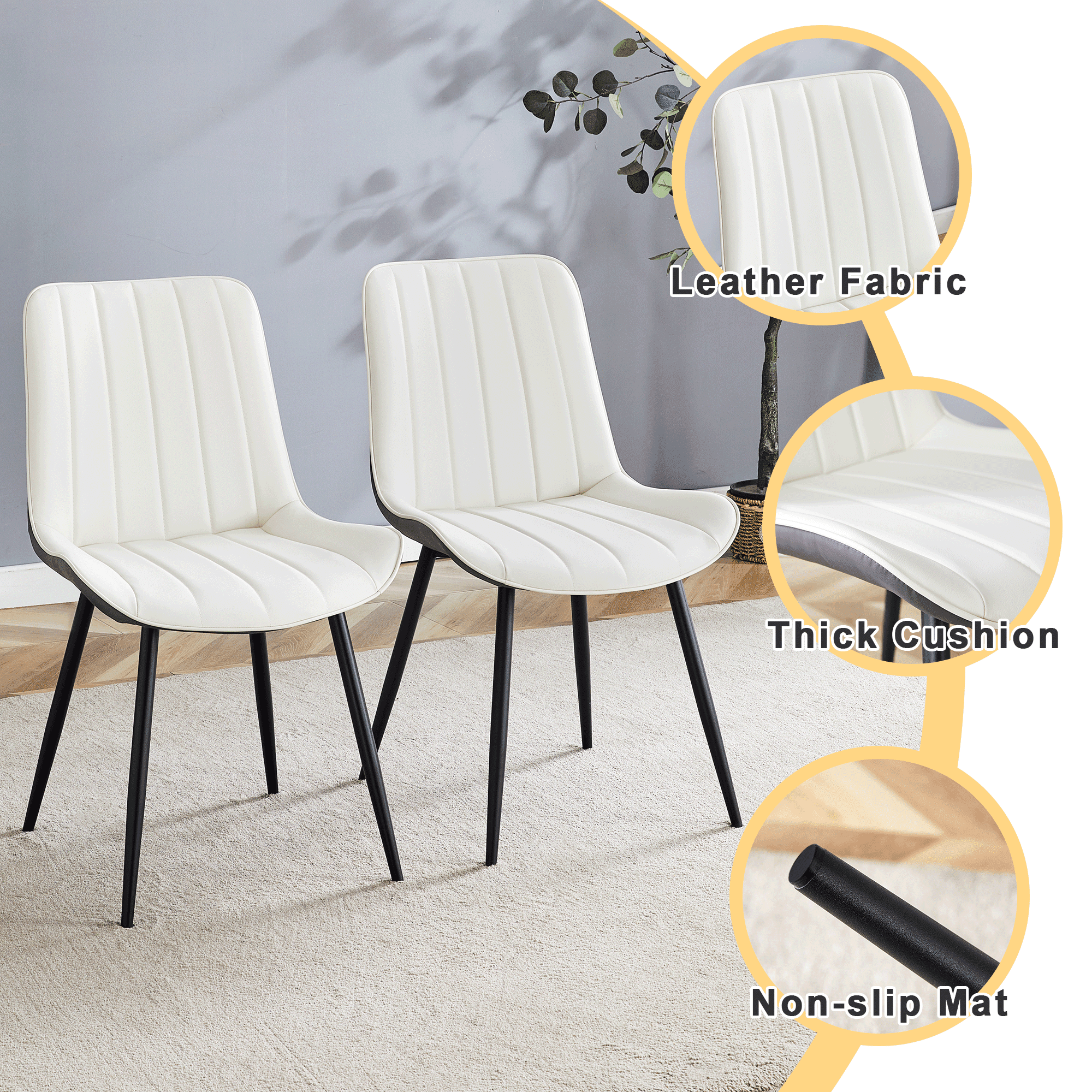 Dining Chairs Set of 4, Modern PU Leather Dining Chair with Extended Seat Cushion, White and Dark Gray, Upholstered Dining Room Chairs with Metal Legs, Comfortable Kitchen Chairs