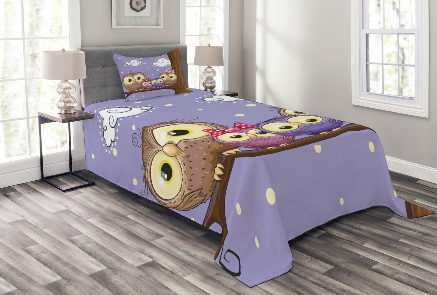 Kids Bedspread Set Twin Size, Cartoon Style Owl Bird Family Mother