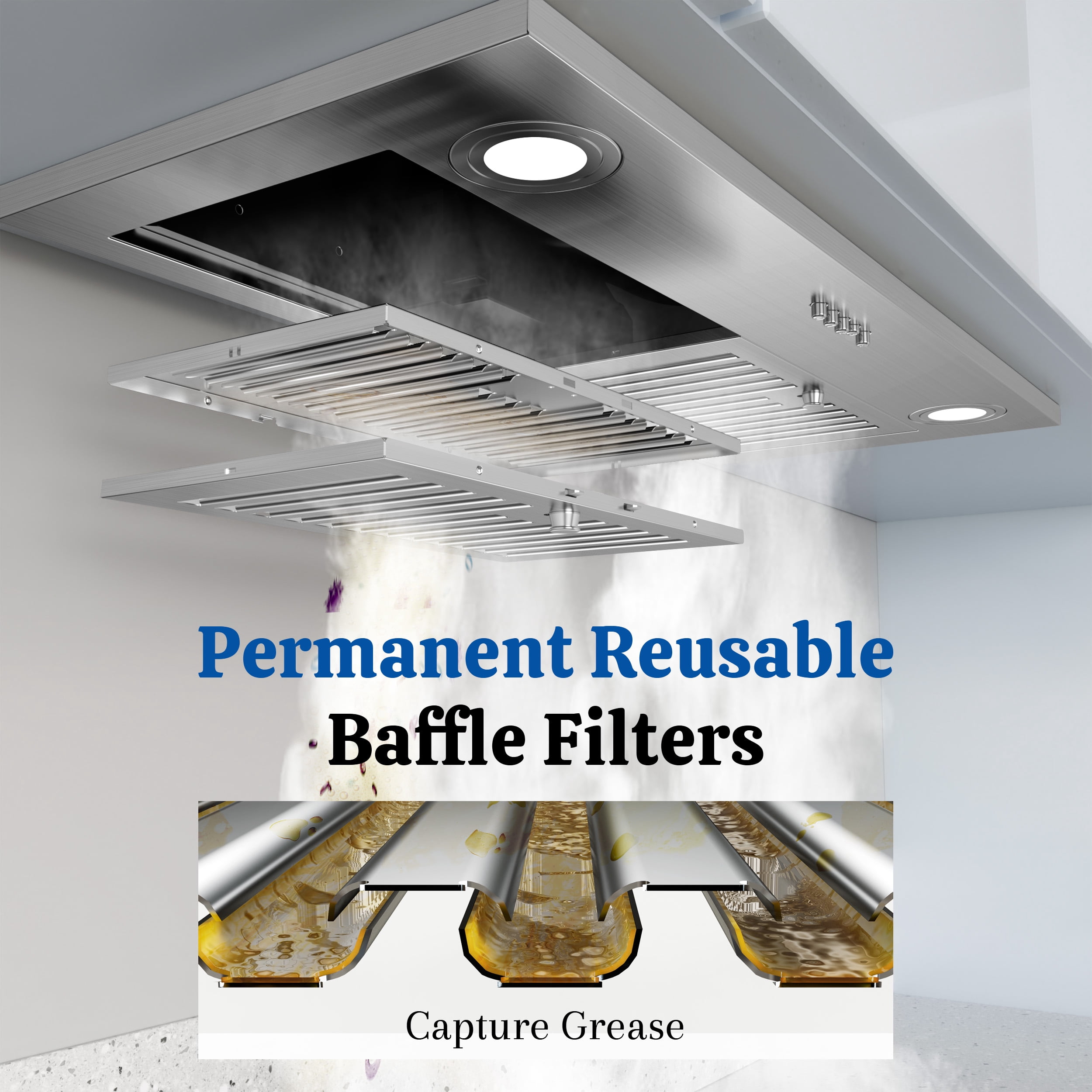 FIREGAS Range Hood 30 inch, Built-in Kitchen Hood with 3 Speed Exhaust Fan, Ducted/Ductless Range Hood, Stainless Steel Range Hoods with Light