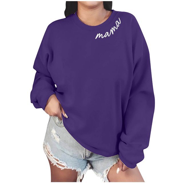 Culottes pour Femmes Chandail en Molleton Maman Décontracté Manches Longues Col Rond Chandail Chemises Tenues Printemps 2025 Nouveaux Vêtements TP Violet