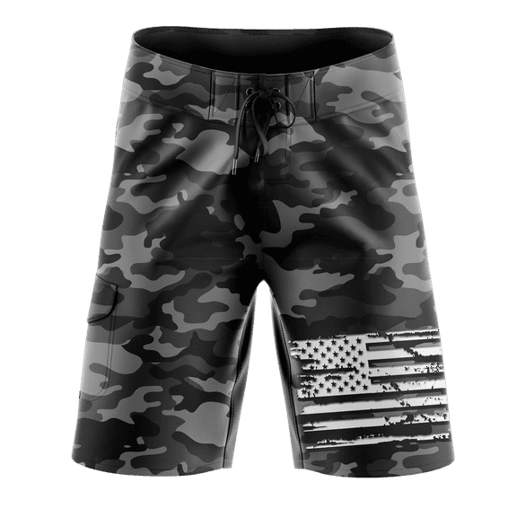 Men's Black Camo Board Shorts, Decorated in The USA