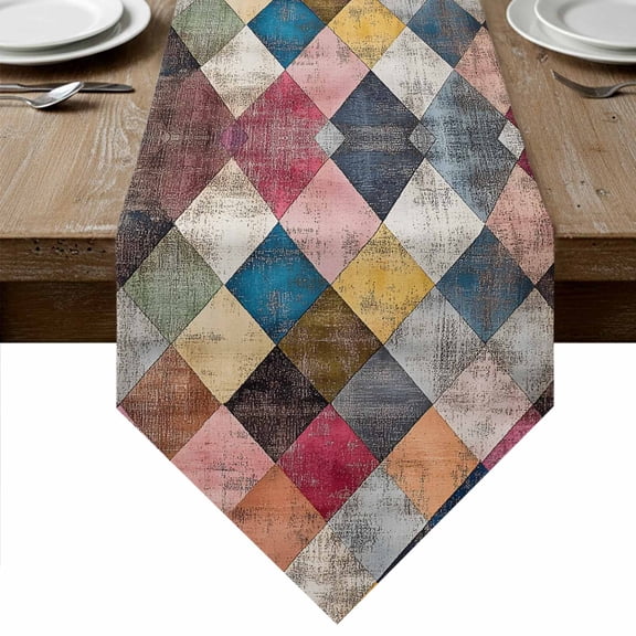 Colorful Geometric Table Runner Linen Burlap Table Runner 70 Inches Long Modern Vintage Abstract Color Block Dresser Scarves for Kitchen Island Coffee Dining Party Wedding Holiday Decor 13"x70"