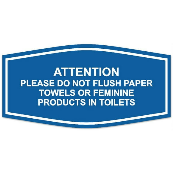 Signs ByLITA Fancy Attention Please Do Not Flush Paper Towels or Feminine Products In Toilets Sign - Laser-Engraved Lettering | Durable ABS Plastic | Vibrant Colors | Powerful Foam Tape (Blue) - Large