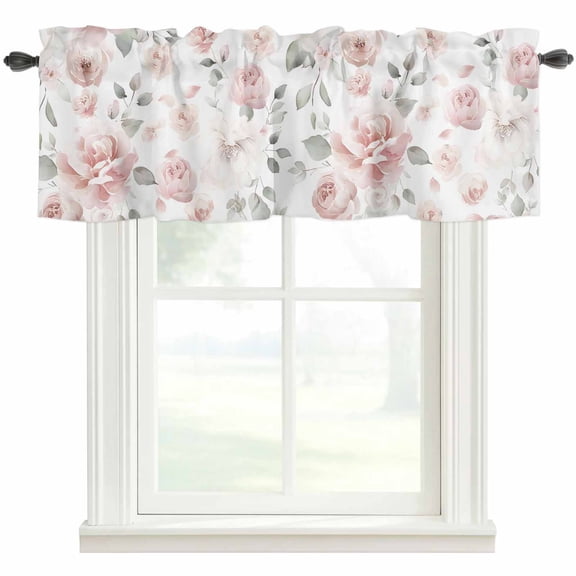 Pink Rose Rod Pocket Curtain Valance, Modern Simple Romantic Flowers Floral Leaves Farmhouse Window Valance for Living Room, Bedroom, Kitchen 60"W x 18"L