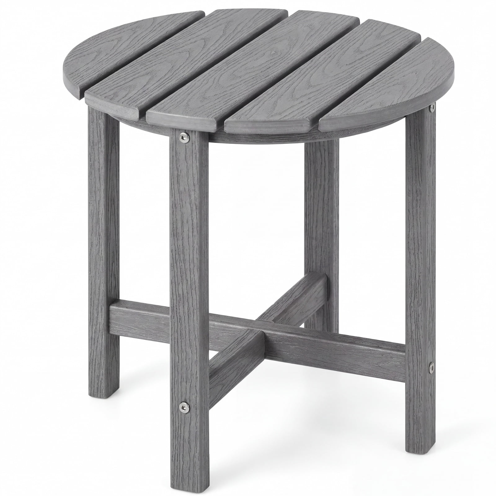 Furnibear 18 Inch Round Weather Resistant Adirondack Outdoor Side Table with Slatted Top for Patio Deck and Garden Seating, Gray