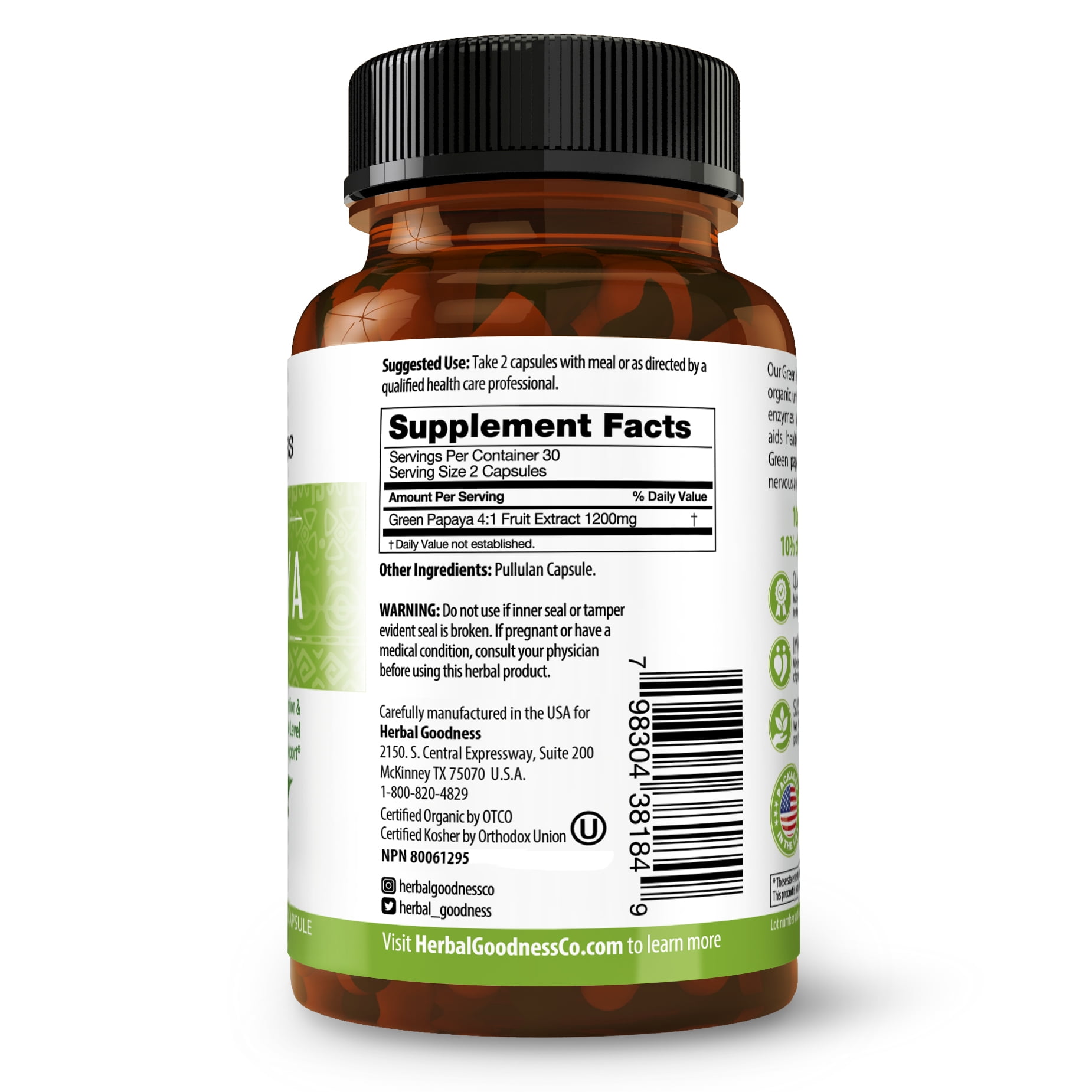 Green Papaya Fruit Extract Capsules – Digestive Enzyme, Gut Health, Natural Adults Cleanse - 60/600mg, Herbal Goodness