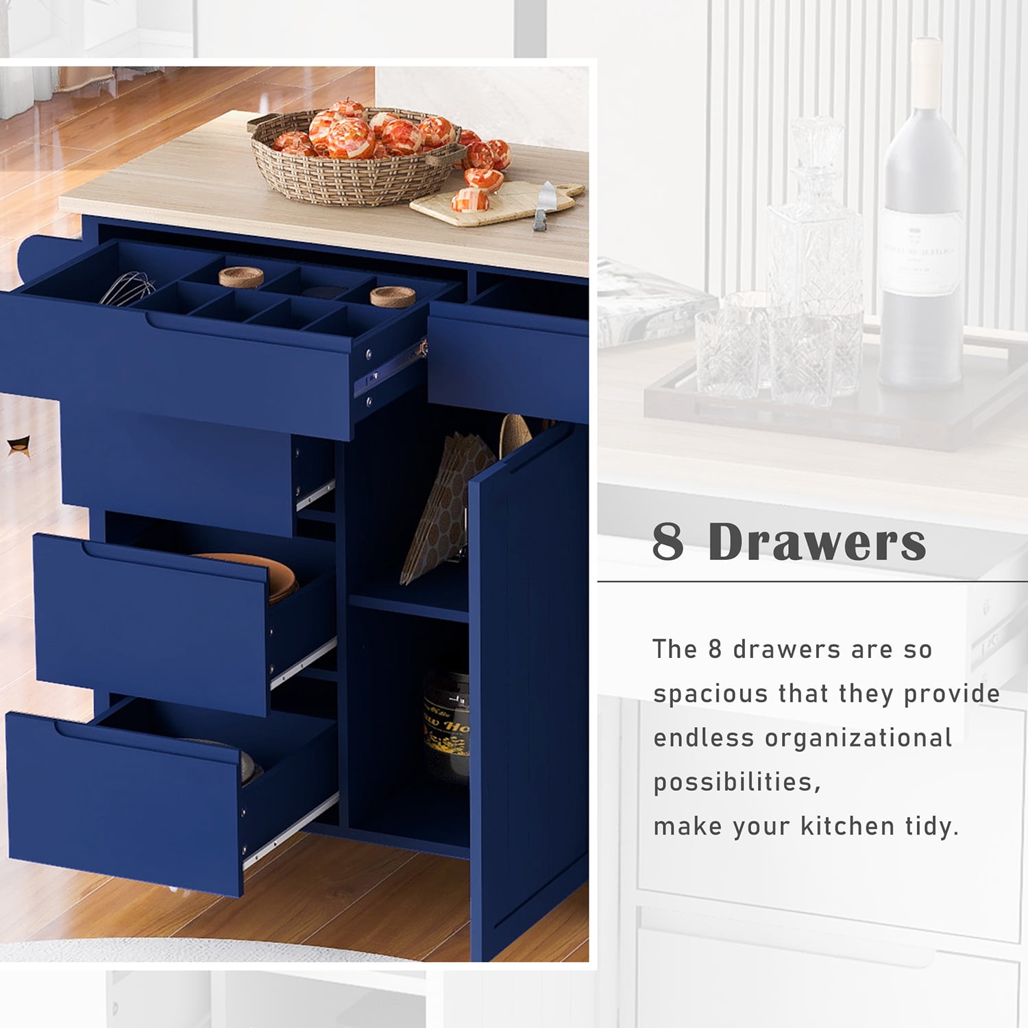 Kepooman 53.15 Inch Width Indoor Modern Rolling Kitchen Cart, Rubber Wood Kitchen Cart on Wheels with Spice Rack, Towel Rack-Grey Blue Kepooman 53.15 Inch Width Indoor Modern Rolling Kitchen Cart, Rubber Wood Kitchen Cart on Wheels with Spice Rack, Towel Rack-Grey Blue