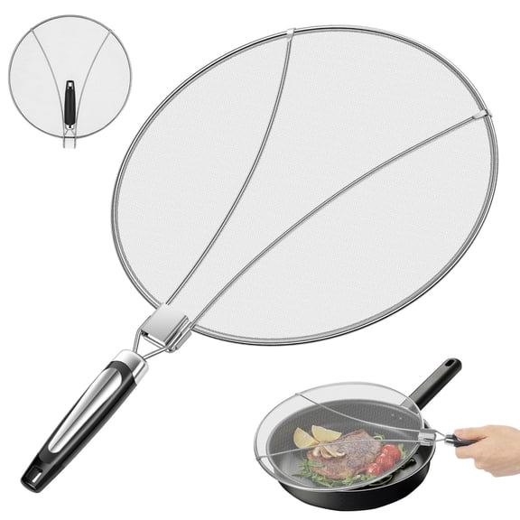 Xdziklosj Stainless Steel Splatter Screen, Foldable Grease Splash Guard with Cool-Touch Handle, 11.4 inch Fine Mesh Cover for Frying Pan, Cooking Pot