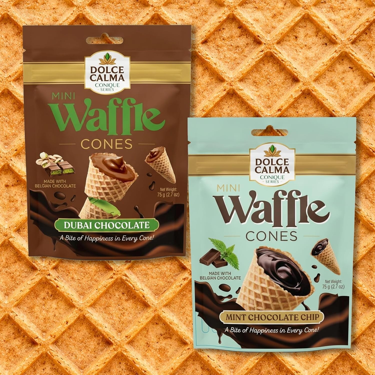 Dolce Calma Belgian Chocolate Mini Waffle Cones, Dubai Chocolate & Mint Variety Pack, 72 Cones Total (2 Boxes), Crispy Gourmet Snacks for Gifting & Parties, 12 Packs x 6 Cones Bundle Pack