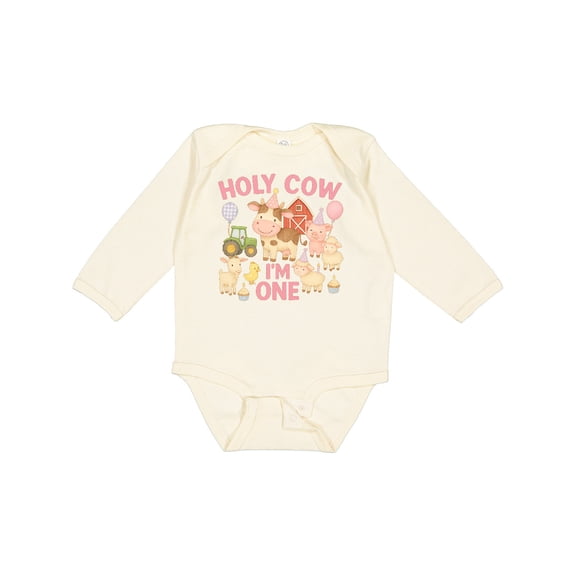 Inktastic Holy Cow I'm One Little Girls Farm Animals Birthday Boys or Girls Long Sleeve Baby Bodysuit