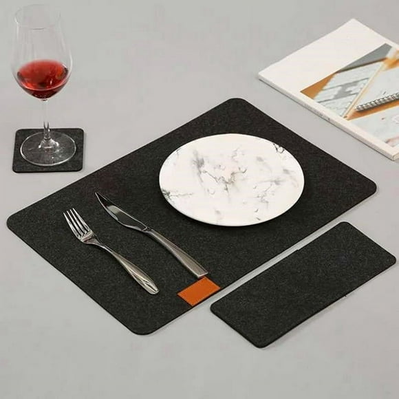 7 Set Washable Felt Placemats Table Mats Glass Knife Fork Coasters Cutlery Bags Set Insulation Pads Black