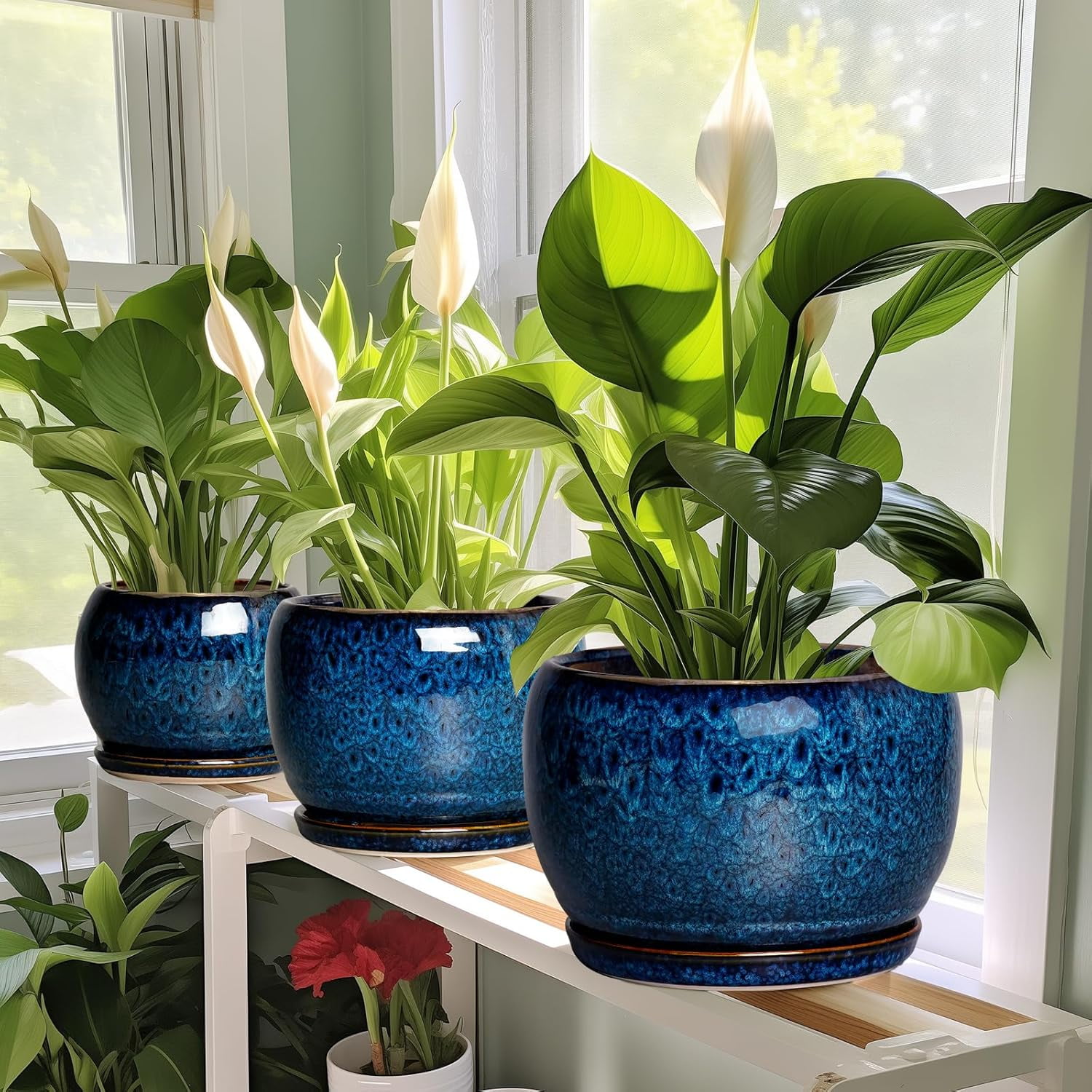 10 Inch Plant Pot - Ceramic Planter Pot with Drainage Hole and Saucer, Decorative Plant Pot for Indoor Outdoor Plants, Round Large Planter Flower Pot, Blue