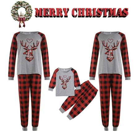 

Family Matching Christmas Pajamas Set Adult Kids Deer Printed Tops+Plaid Pants Holiday Loungewear Sleepwear Pjs Set