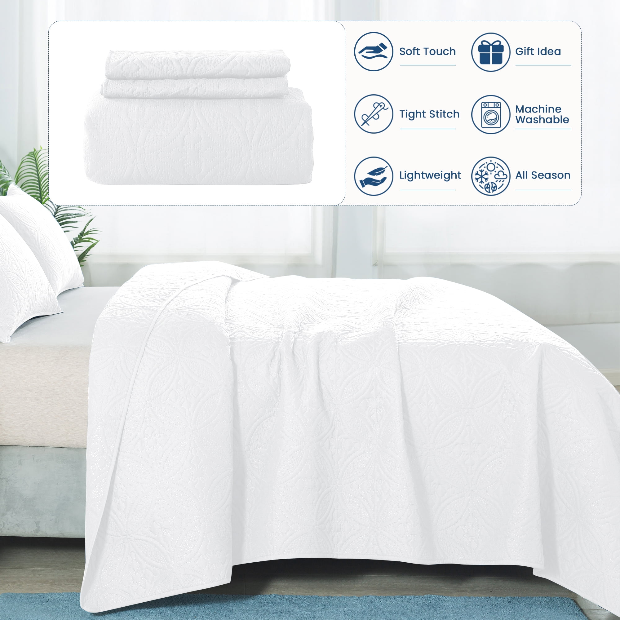 Quilt Set Queen Size - Lightweight Quilts Summer Bedspreads for All Season 3 Piece (1 Quilt, 2 Pillow Shams) - White