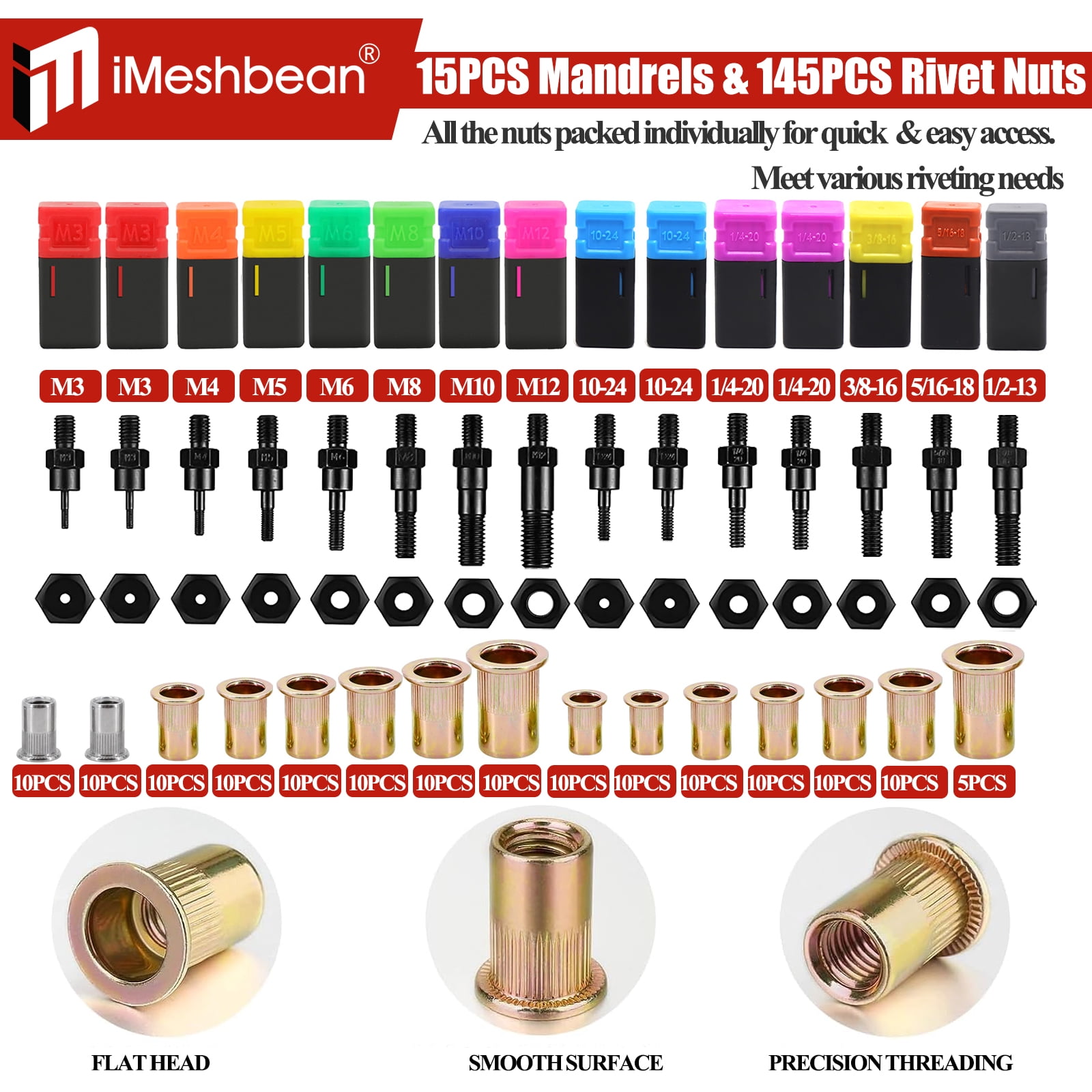 iMeshbean Rivet Nut Tool 16" Rivnut Tool Kit 15 PCS Metric &SAE Mandrels & 145PC Rivet Nut