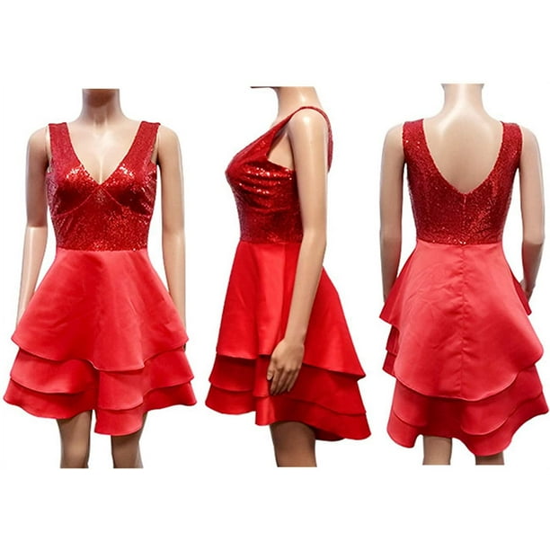 Yundap Women s Sequin Glitter V Neck Skater Mini Club Cocktail Party Swing Dress Other