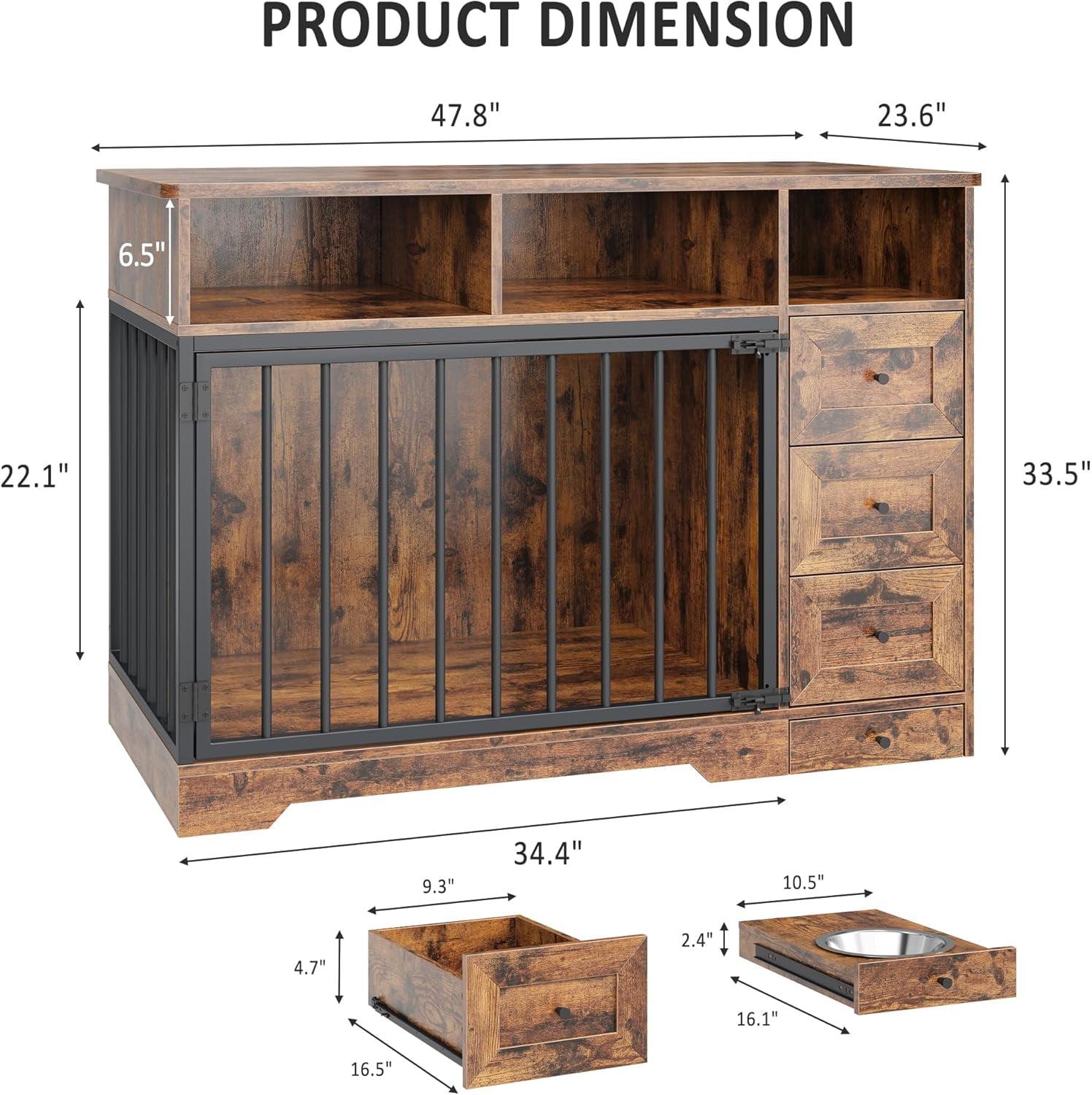 Garvee 48" Large Dog Crate Furniture, Farmhouse Dog Kennel with Built-in Dog Bowl, 3 Drawers & Open Shelves, Heavy-Duty Wooden Dog Crate Table for Medium & Small Dogs, Indoor Pet Furniture, Brown