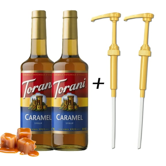 Torani Caramel Flavouring Syrup, 25.4 fl oz (750ml) Glass Bottle with Absol Gold Pump (Pack of 2)