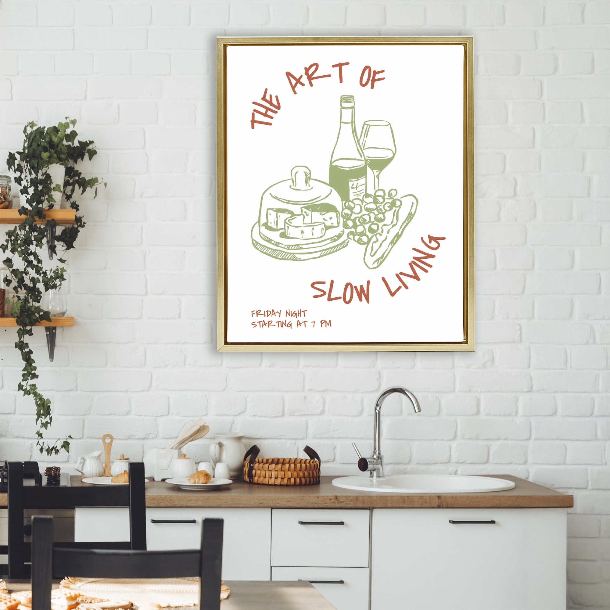 Stupell Industries Slow Living Wine & Cheese Gold Framed Floater Canvas Wall Art, design by The Prints Vibe