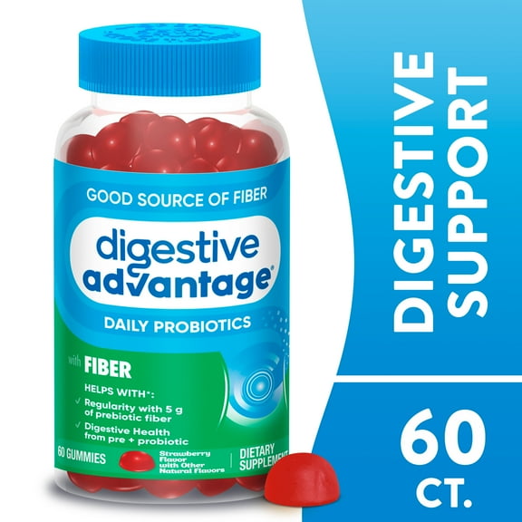 Digestive Advantage Probiotics For Women And Men, Prebiotics Fiber For Gut Health, Strawberry Flavor, 60 Gummies