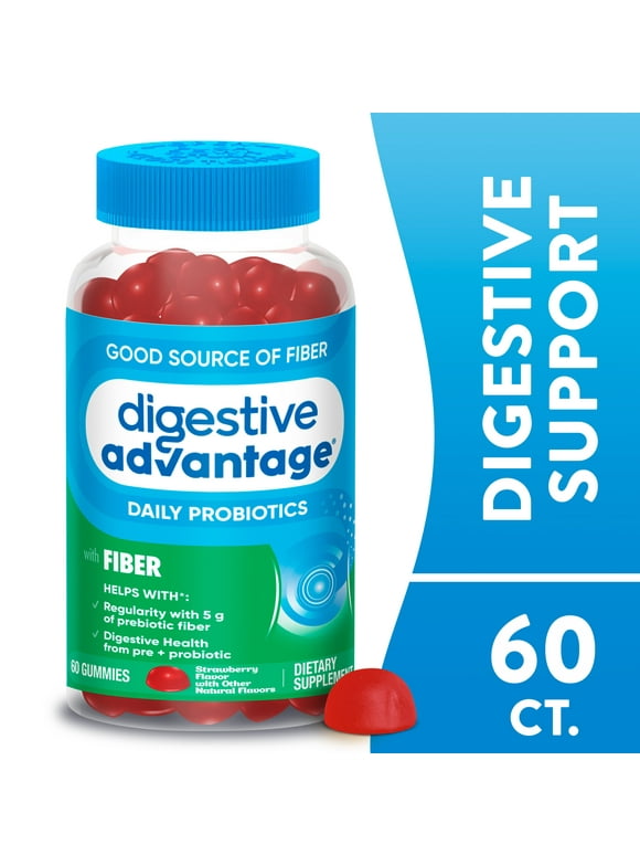 Digestive Advantage Probiotics For Women And Men, Prebiotics Fiber For Gut Health, Strawberry Flavor, 60 Gummies