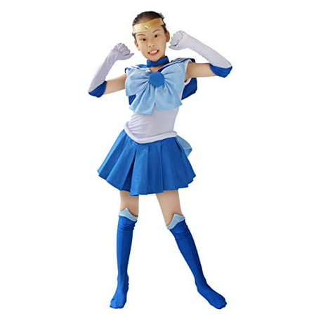 DAZCOS Kids Size Girls Mercury Mizuno Ami Battle Cosplay Costume Sailor Dress (Child L) Blue