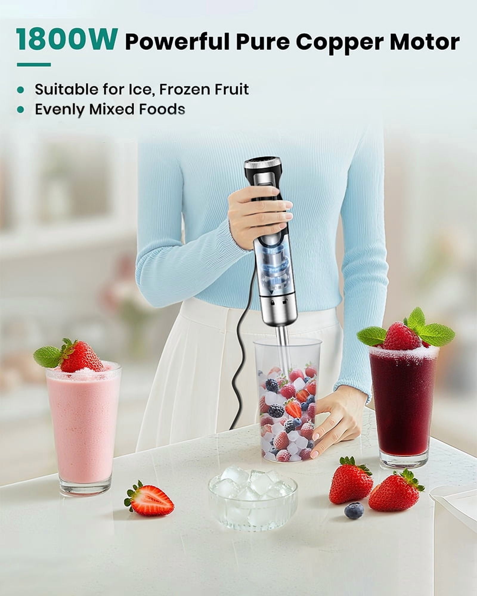 1800W Immersion Blender Handheld 4-in-1 Hand Blender Stick for Ice Crushing Smoothie, Baby Food, Soup, 8 Speed Hand Mixer Turbo Boost Stainless Steel Blade with Whisk, Chopper, Beaker