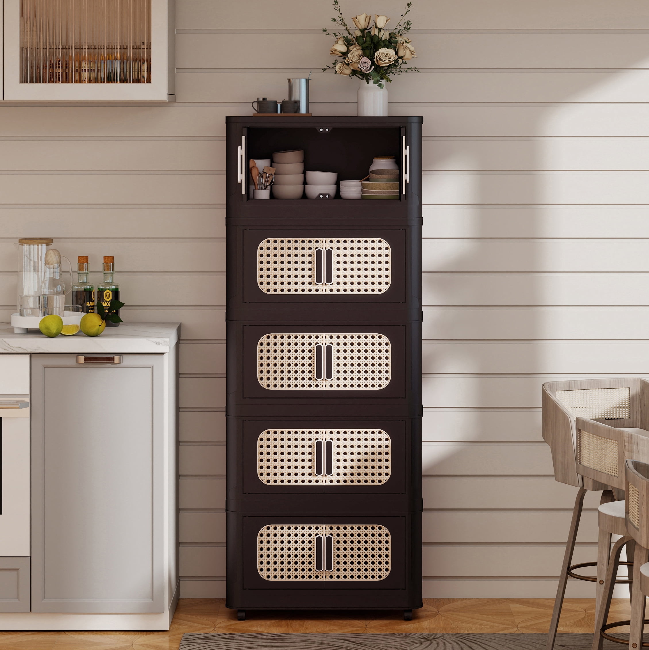 Aukfa 5 Tier Stackable Storage Bins Folding Collapsible Storage Cabinet, Closet Organizers and Storage Box,Brown