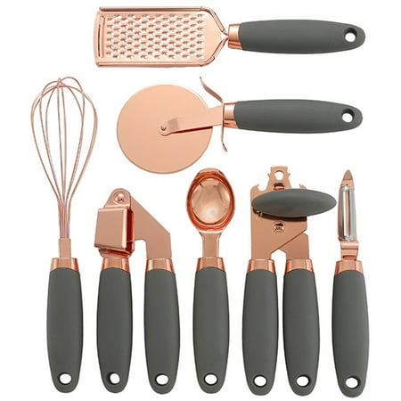 

7Pcs Stainless Steel Cookware Set Kitchen Cooking Tool with Soft Touch Gray Handles - Peeler / Whisk / Pizza Cutter / Can Opener / Garlic Press / Spoon / Grater