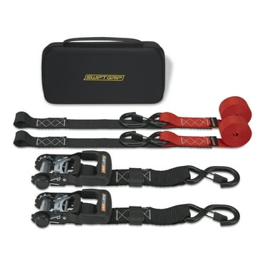 Ratchet Straps Heavy Duty Tie Downs, (2) 1.5"x 8' Heavy Duty Ratchet Strap with Integrated Soft Tie Hook, UTV Tie Down Straps, Motorcycle Tie Down Straps, Padded Handles & Coated Chromoly Hooks (Red)