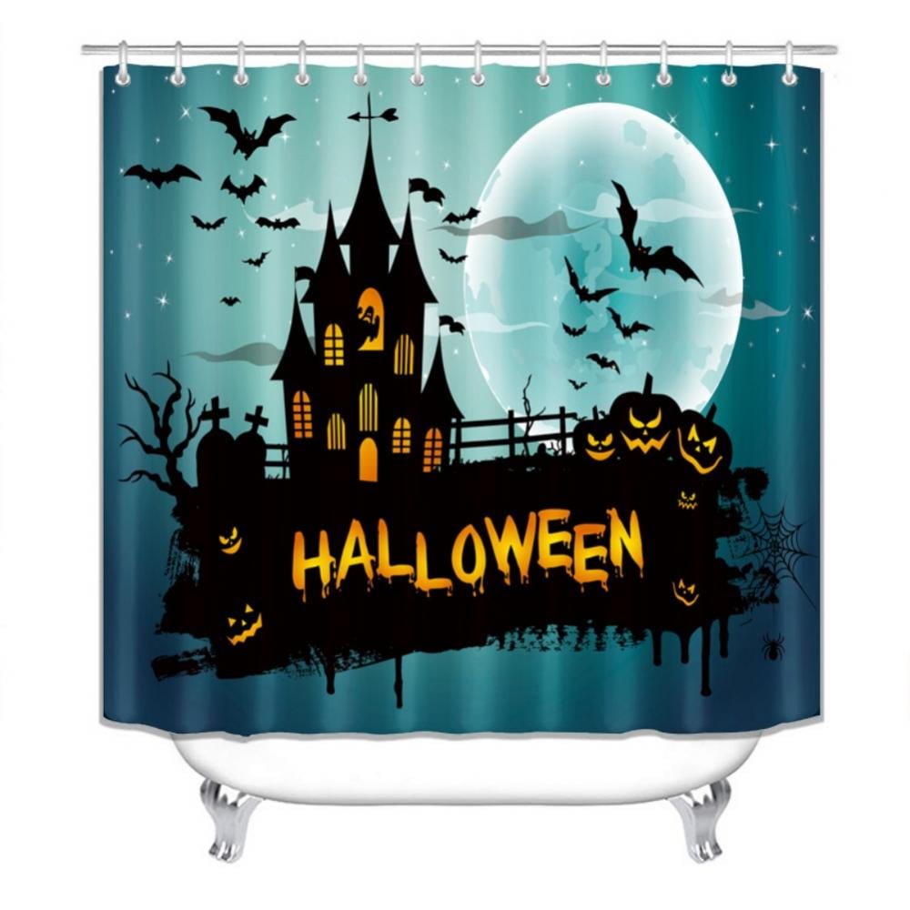 Halloween Style Shower Curtain with 12 Hooks Bath Mat Toilet Cover Rug Decor Set 