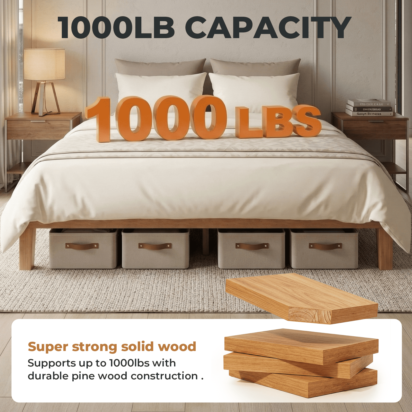 Alvantor Solid Wood Platform Bed Frame, Natural Pine, No Box Spring Needed, Underbed Storage – Twin, Full, Queen, King
