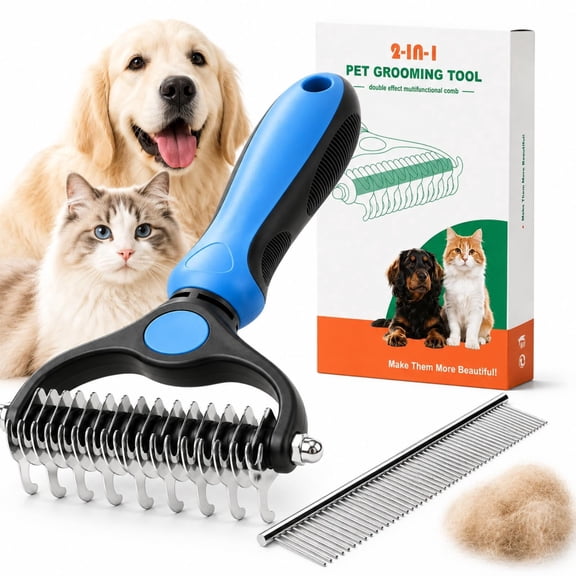 DOAHKSCL 2-in-1 Double Sided Pet Grooming Brush, Deshedding Undercoat Rake for Dogs & Cats, Removes Loose Fur & Mats