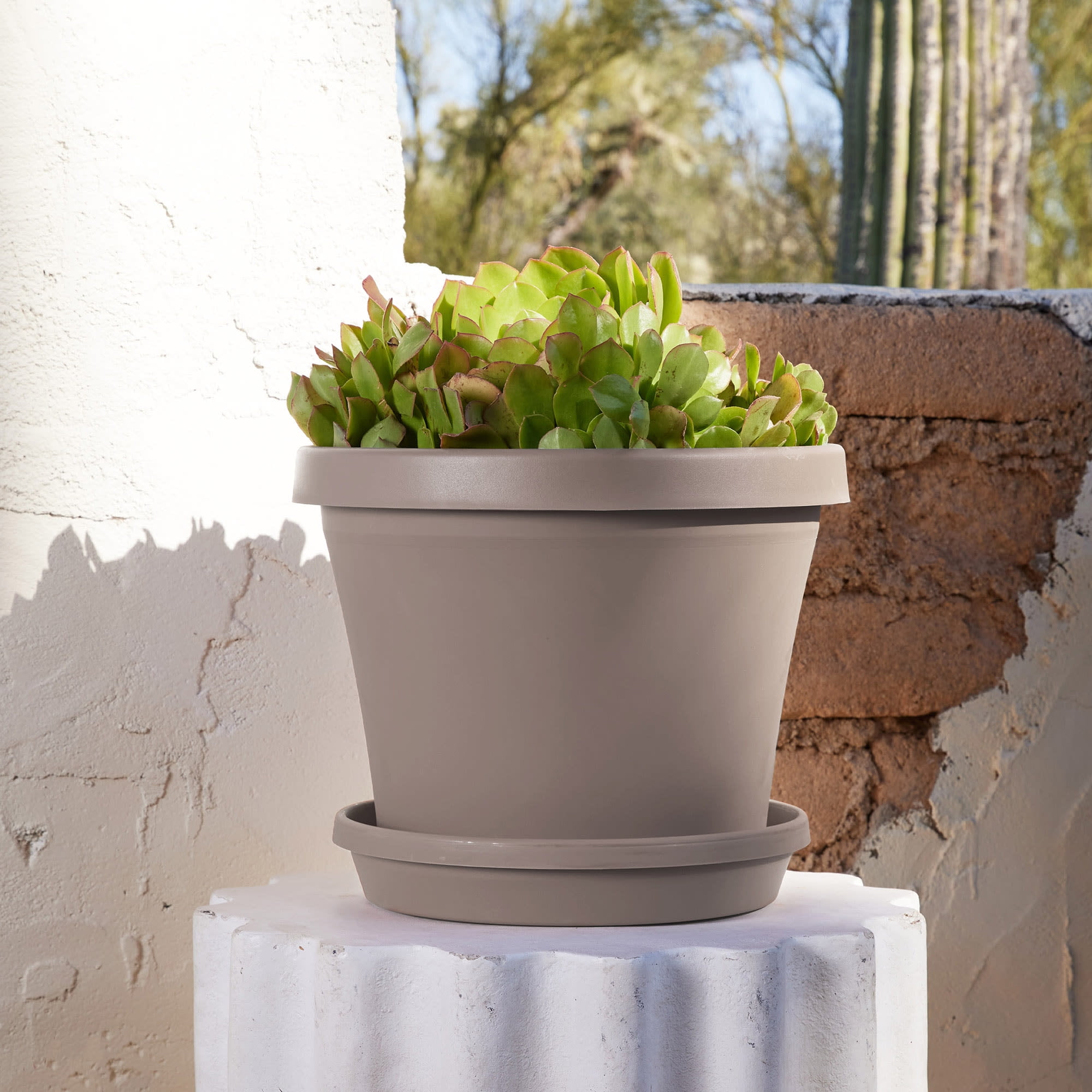 Bloem Terra 15" x 10.25" x 12.75" Round Pebble Stone Beige Resin Plant Pot