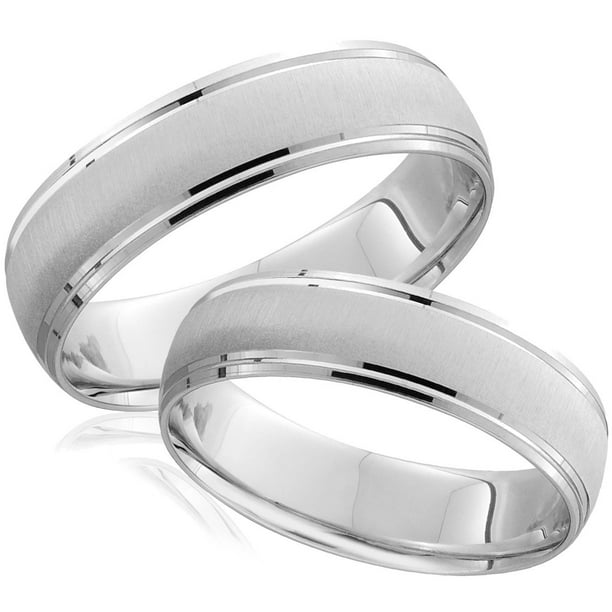 White Gold Brushed Wedding Band Set Matching Mens Womens Rings 14k