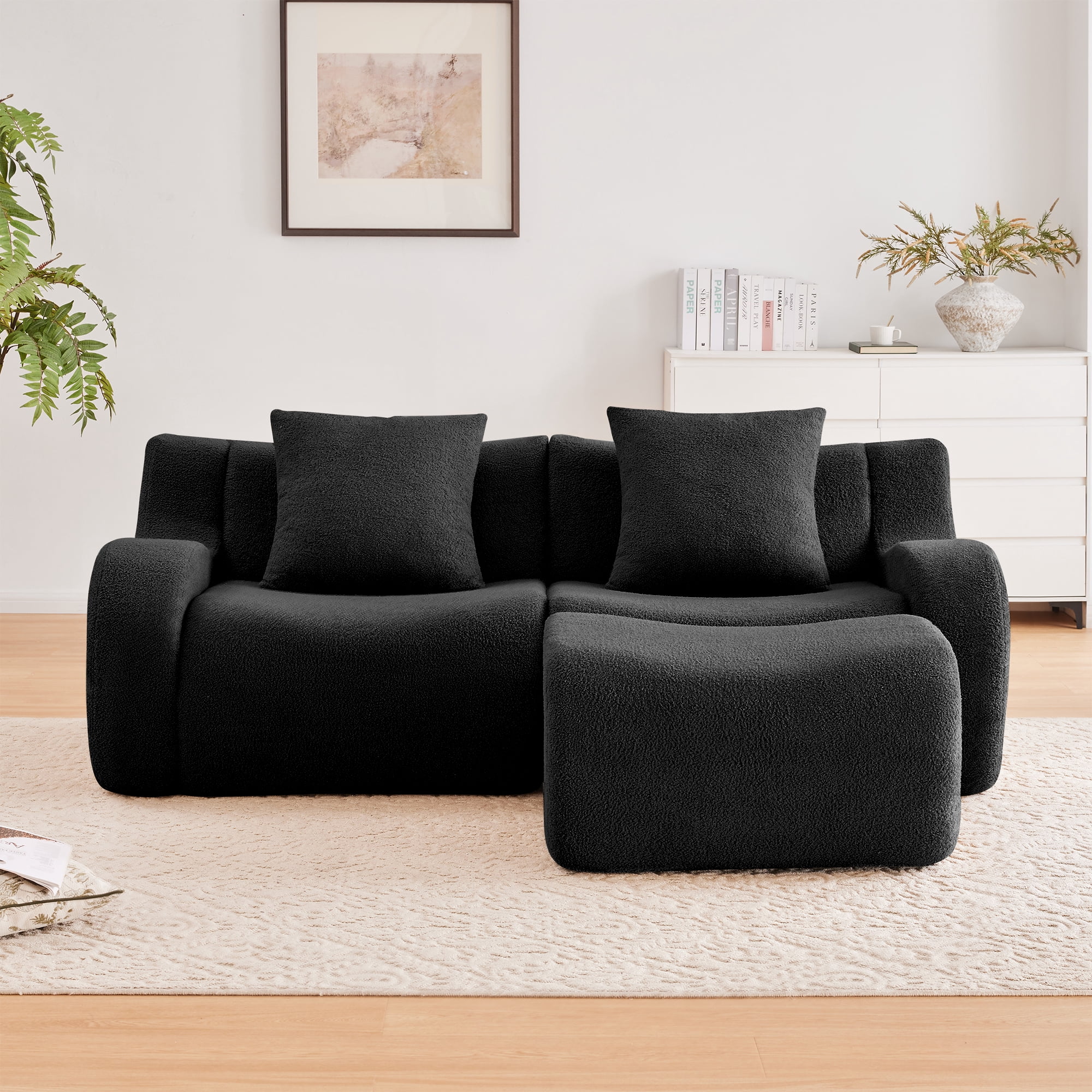 MAYEERTY 82.7" L-Shaped Teddy Fabric Boneless Sofa, Black 300lbs/seat 32D Foam No Assembly Curved Armrest Couch for Living Room Bedroom