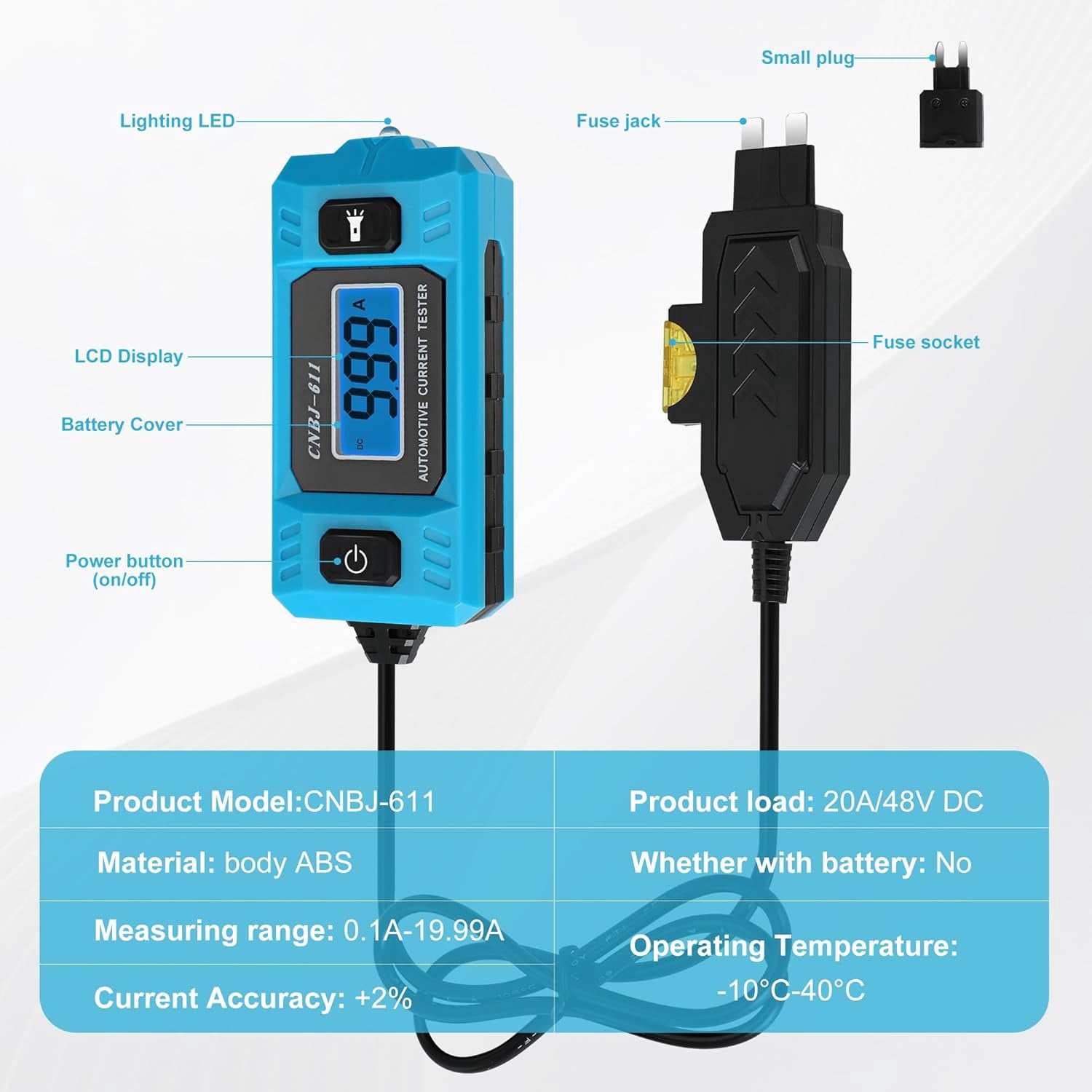 ABCISI Automotive Circuit Fault Probe Tester, 20A 48V Car Relay Fuse Blade Test, Cnbj-611 Parasitic Draw Tester, with LED Display & Front Light, High-Precision for Cars, Trucks, Suvs
