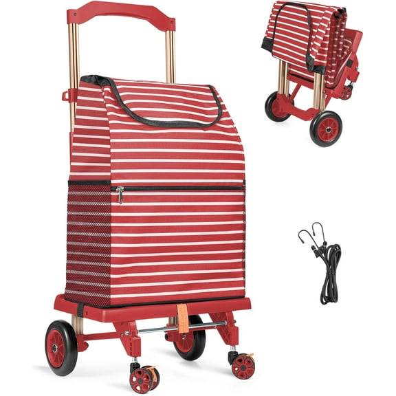 2-in-1 Shopping Cart for Groceries, Lightweight Aluminum Grocery Cart on Wheels and 50L Removable Waterproof Shopping Bag for Moving, Camping (Red)