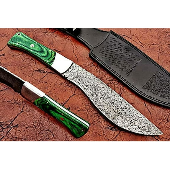 Damascus Steel Kukri Knife 14 Inches Custom Made with 9" Long Hand Forged Rain Drop Pattern Blade Green Wood Scale, Cow Leather Sheath