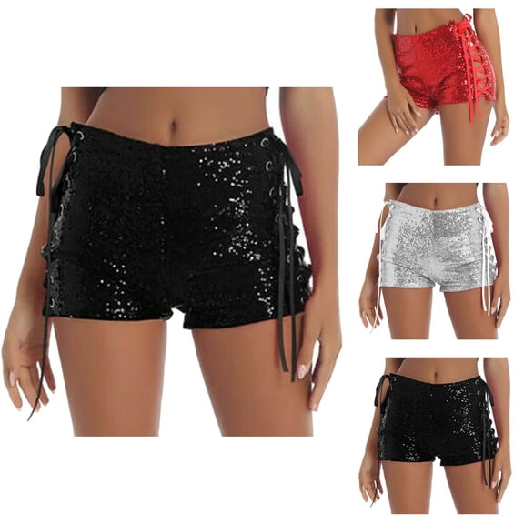 Sequin Shorts for Women 2026 Summer High Waist Hollow out Lace Up Sparkle Bodycon Booty Mini Shorts Clubwear