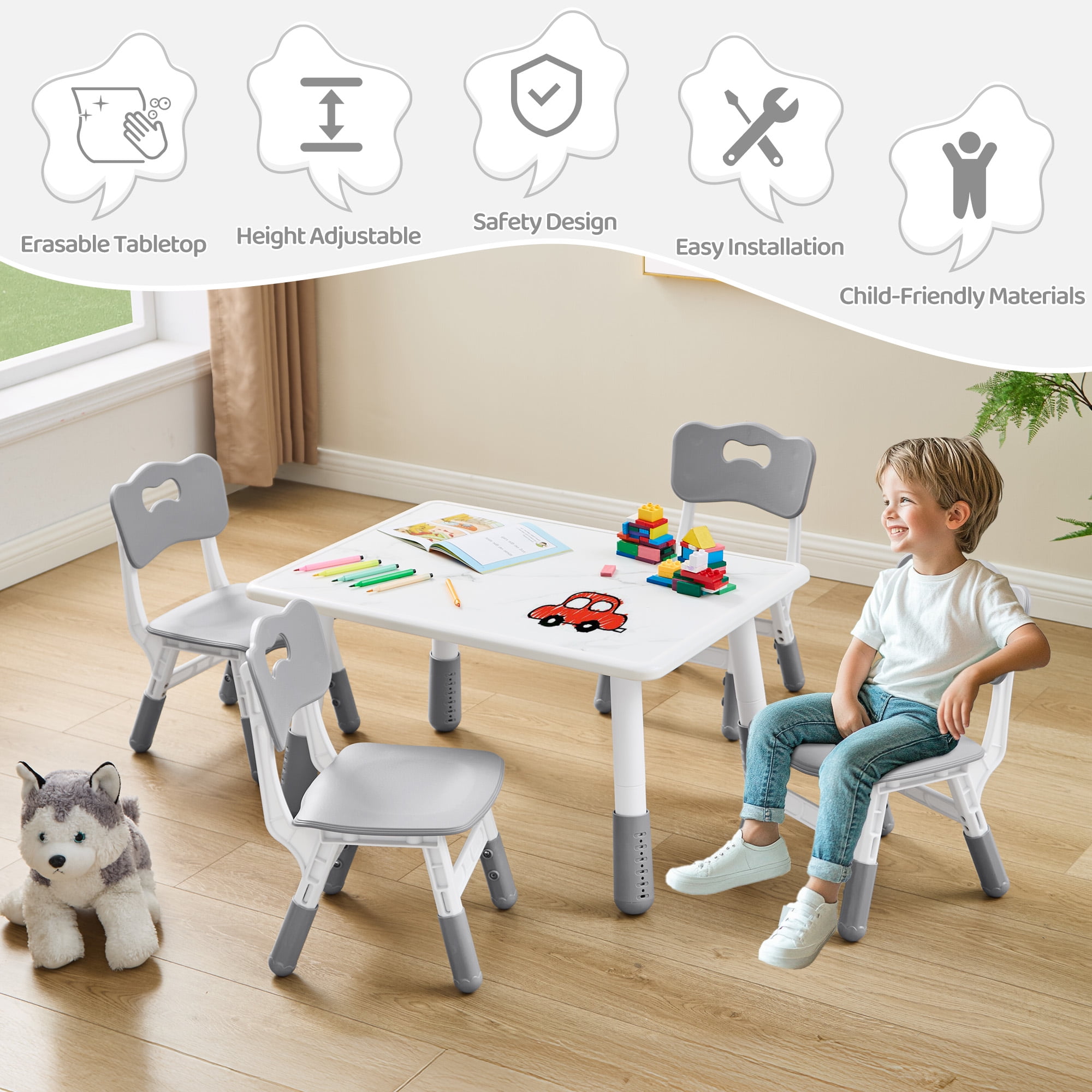 Toddler Table and 4 Chairs Set, Height Adjustable Kids Table and Chair Set, 31.5''L x 23.6''W, Marble Pattern & Graffiti Desktop, Children Multi-Activity Table for Home/Daycare/Classroom